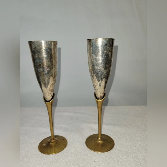 Antique Champagne Flute Glasses S. P. Brass India Brass Copper - Picture 1 of 13